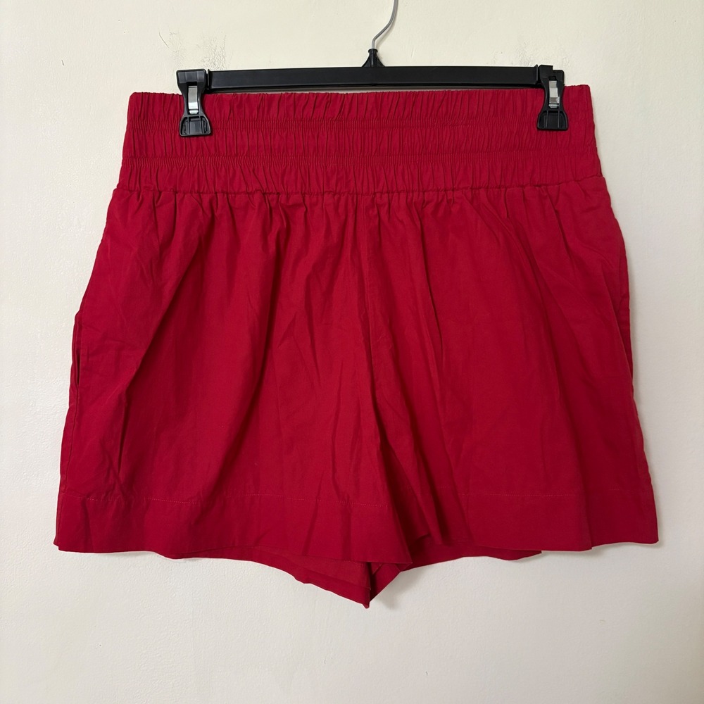 Hill House Women XL Shorts Red Smocked Elastic Waist 100% Cotton High Rise Chic